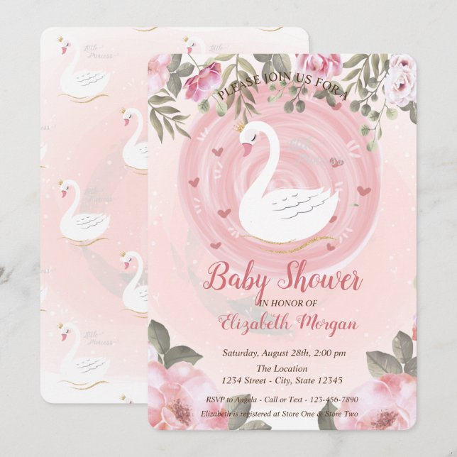 Cute Swan,Floral Baby Shower Invitation (Front/Back)