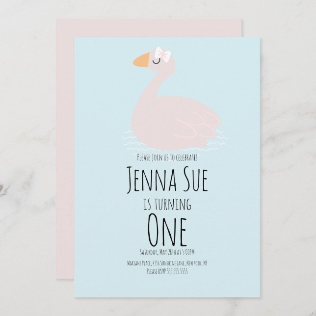 Cute Swan Girls Pink Birthday Party Invitation (Front/Back)