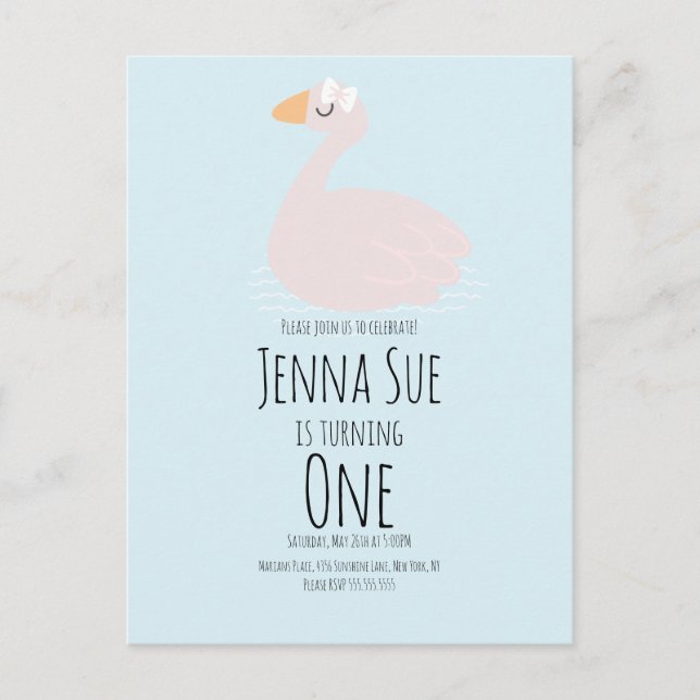 Cute Swan Girls Pink Birthday Party Invitation Postcard (Front)
