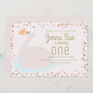 Cute Swan Pink Bow Confetti Girls Birthday Party Invitation
