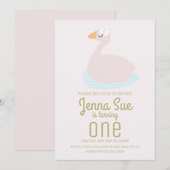 Cute Swan Pink Bow Girls Birthday Party Invitation (Front/Back)