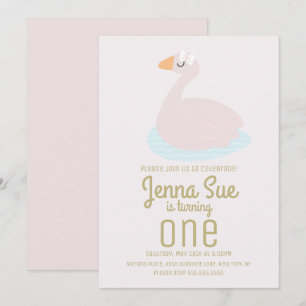 Cute Swan Pink Bow Girls Birthday Party Invitation