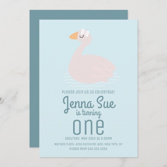 Cute Swan Pink Swimming Birthday Party Invitation (Front/Back)
