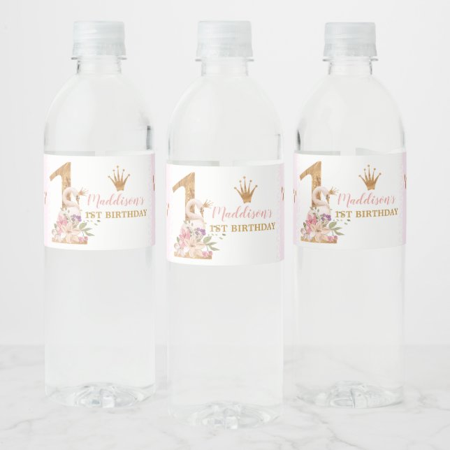 Cute Swan Princess 1st Birthday Water Bottle Label (Bottles)