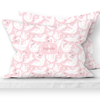 Cute Swan Princess Pattern Pink Name Monogram Girl Pillowcase