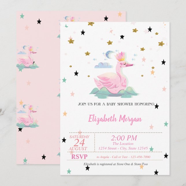 Cute Swan,Tiara, Stars, Princess  Baby Shower  Invitation (Front/Back)