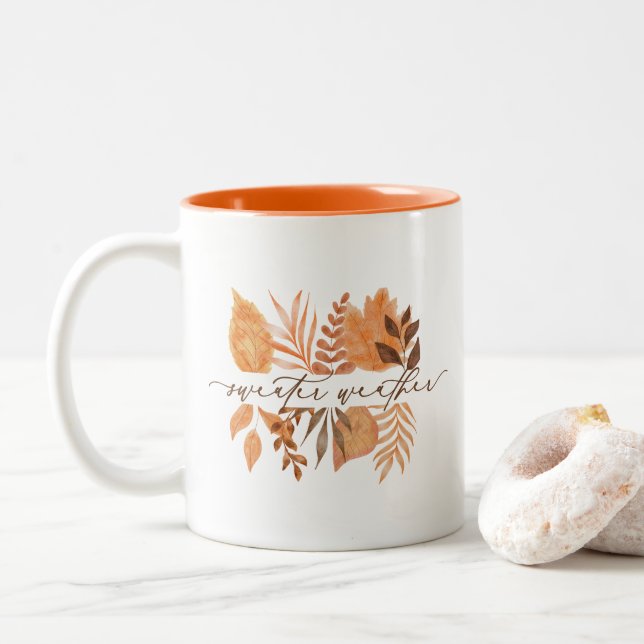 Cute Sweater Weather Script Fall Autumn Leaves  Two-Tone Coffee Mug (With Donut)