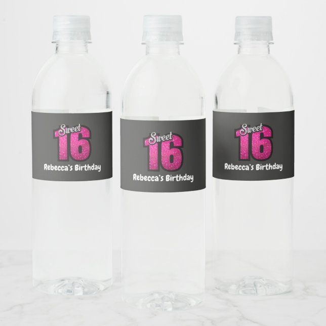 Cute Sweet 16 Birthday Personalised Water Bottle Label (Bottles)