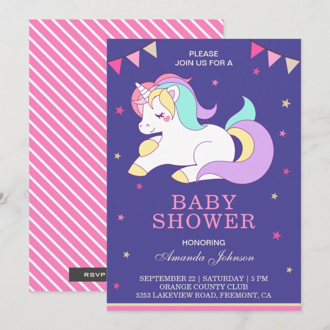 Cute Sweet Adorable Unicorn Baby Shower Invitation (Front/Back)