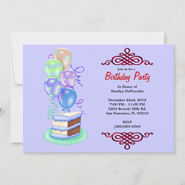 CUTE Sweet Bithday Cake and Balloons Invitation (Front)