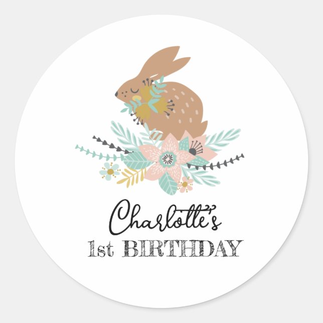 Cute Sweet Bunny Rabbit Animal 1st Birthday Party  Classic Round Sticker (Front)