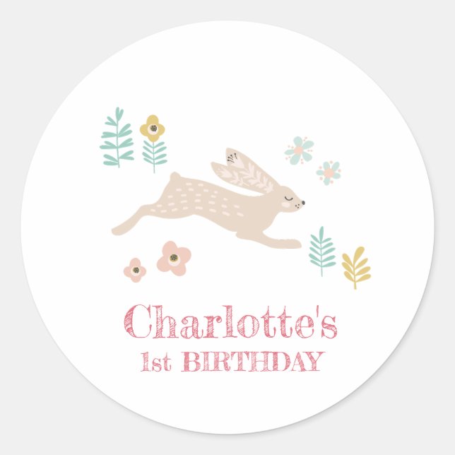 Cute Sweet Bunny Rabbit Animal 1st Birthday Party  Classic Round Sticker (Front)