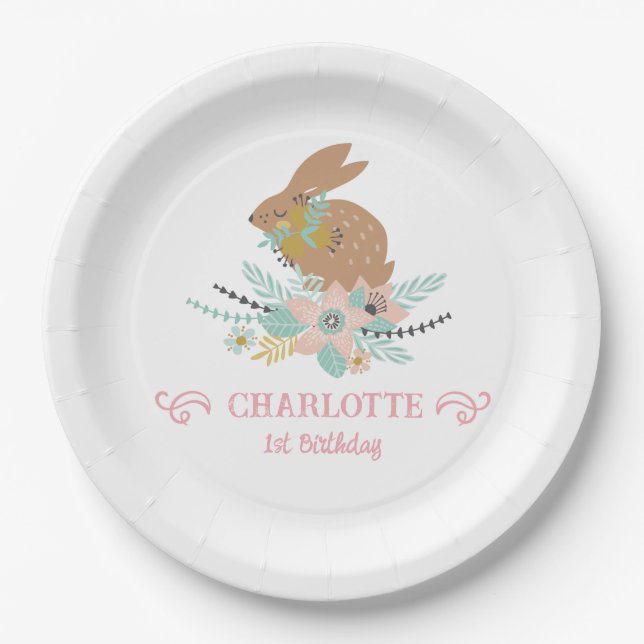 Cute Sweet Bunny Rabbit Animal 1st Birthday Party  Paper Plate (Front)