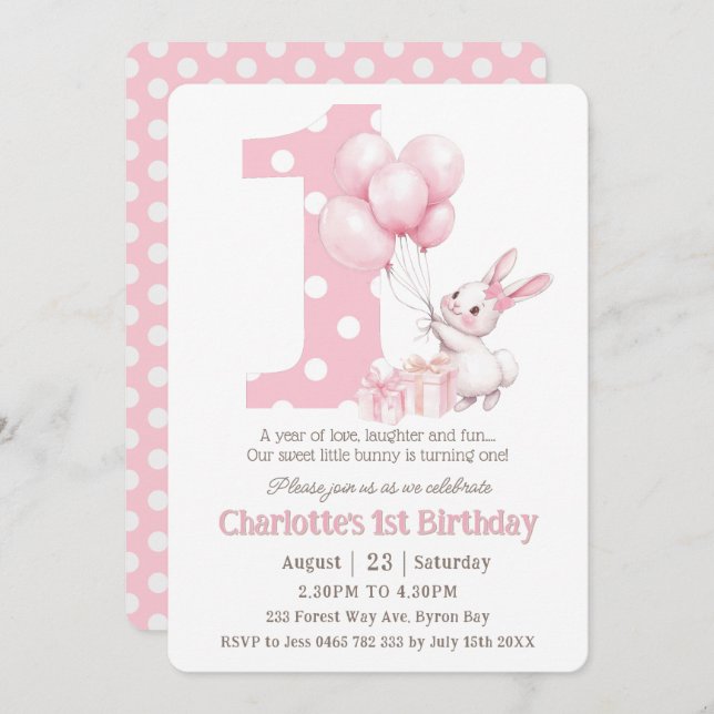 Cute Sweet Bunny Rabbit Pink Dots One 1st Birthday Invitation (Front/Back)