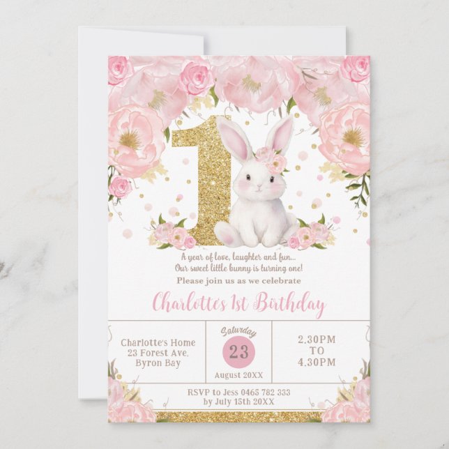 Cute Sweet Bunny Rabbit Pink Floral 1st Birthday Invitation (Front)
