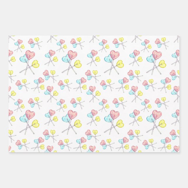 cute sweet candy heart lollipops wrappings wrapping paper sheet (Front)
