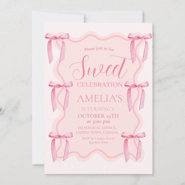 Cute Sweet Celebration Pink Bow 5th Birthday  Invitation (Front)