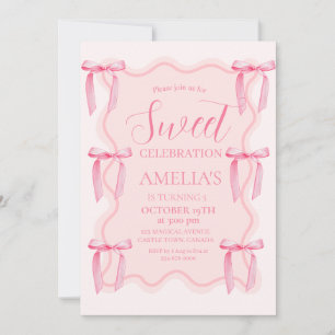 Cute Sweet Celebration Pink Bow 5th Birthday  Invitation