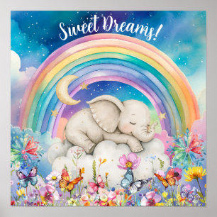 Cute Sweet Dreams Floral Rainbow & Elephant Poster