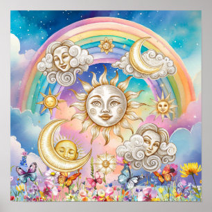 Cute Sweet Dreams Floral Sun, Stars & Moon  Poster