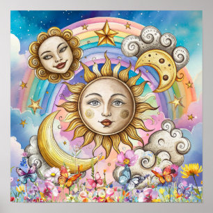 Cute Sweet Dreams Floral Sun, Stars & Moon  Poster