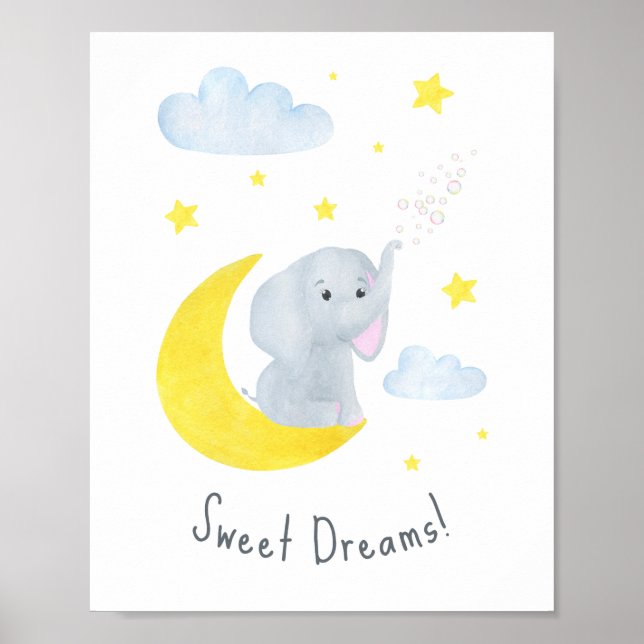 Cute Sweet Dreams Quote Elephant Nursery Wall Art (Front)