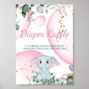 Cute Sweet Elephant Eucalyptus Pink Diaper Raffle Poster