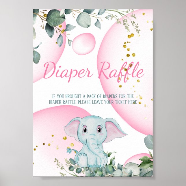 Cute Sweet Elephant Eucalyptus Pink Diaper Raffle  Poster (Front)