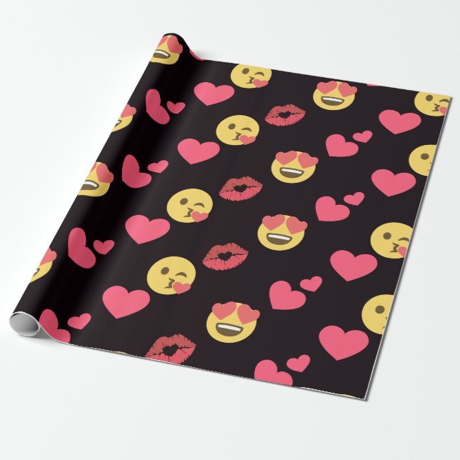 cute sweet emoji love hearts kiss lips pattern wrapping paper (Unrolled)