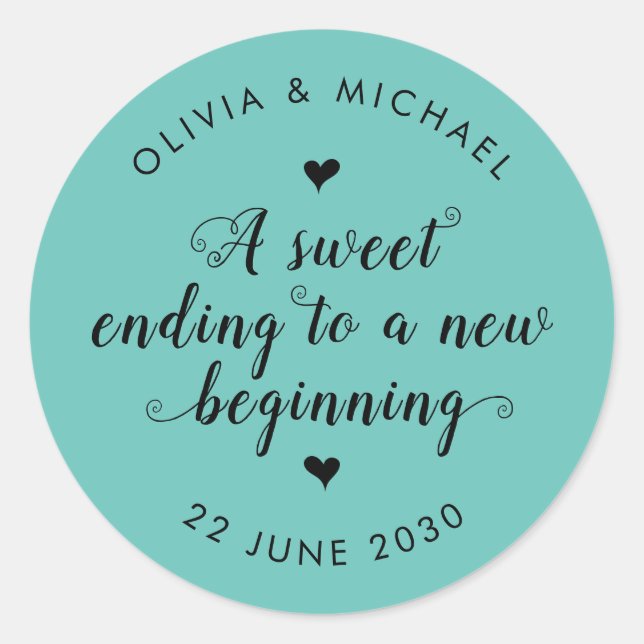 Cute Sweet Ending New Beginning Wedding Teal Green Classic Round Sticker (Front)