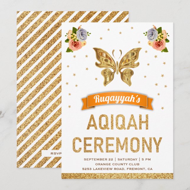 Cute Sweet Floral Gold Butterfly Girls Aqiqah Invitation (Front/Back)