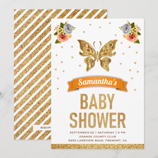 Cute Sweet Floral Gold Butterfly Girls Baby Shower Invitation (Front/Back)
