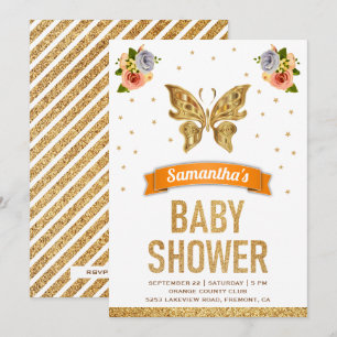 Cute Sweet Floral Gold Butterfly Girls Baby Shower Invitation