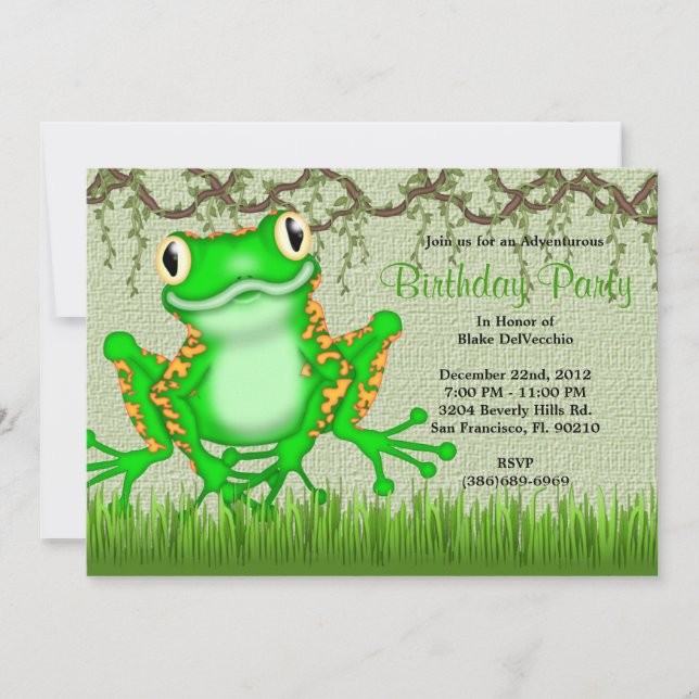 CUTE Sweet Green Frog Vines Jungle Birthday Invitation (Front)
