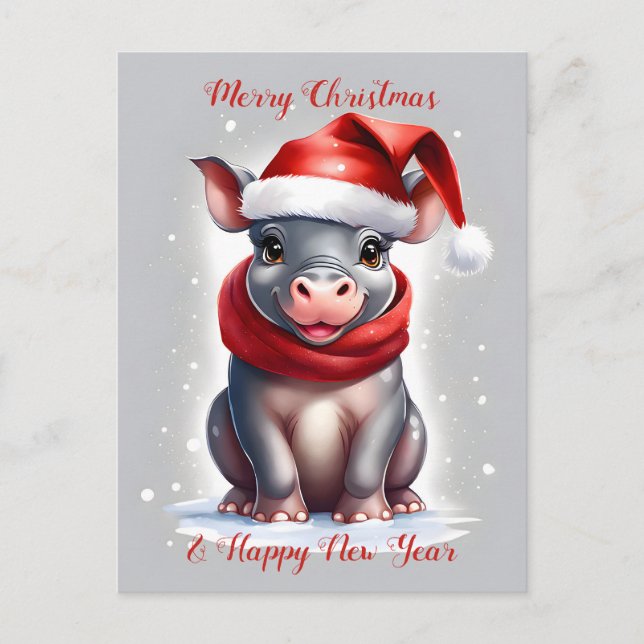 Cute Sweet Hippopotamus Santa Hat New Year Holiday Postcard (Front)