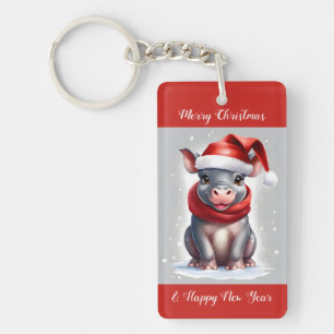 Cute Sweet Hippopotamus Santa Hat New Year Key Ring