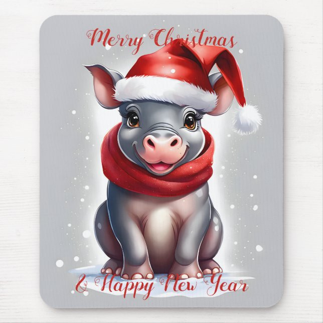 Cute Sweet Hippopotamus Santa Hat New Year Mouse Mat (Front)