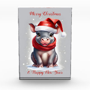 Cute Sweet Hippopotamus Santa Hat New Year Photo Block
