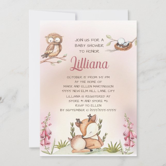 Cute Sweet Little Girl Woodland Animals Deer Owl Invitation (Front)
