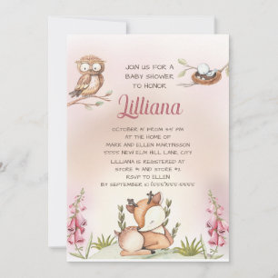 Cute Sweet Little Girl Woodland Animals Deer Owl Invitation