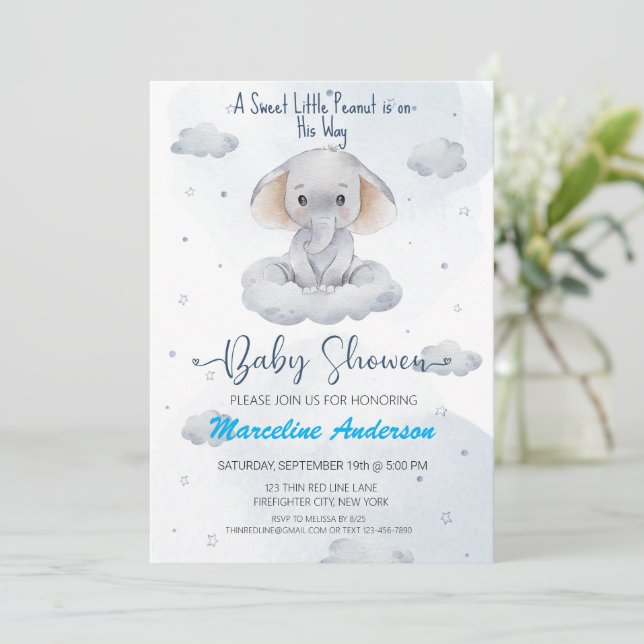 Cute Sweet Little Peanut Elephant  Baby Shower Invitation (Standing Front)