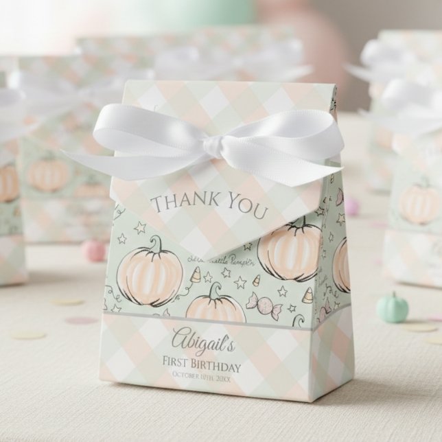 Cute Sweet Little Pumpkin Halloween & Fall Favour Box (Green Little Pumpkin Gender Neutral 1st Birthday Favor Boxes. Modern Gingham & Rustic Fall Pumpkins)