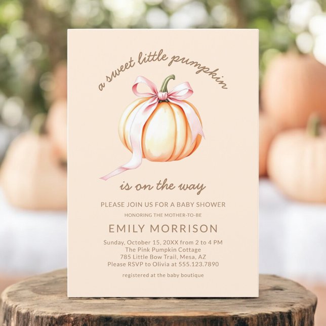 Cute Sweet Little Pumpkin Pink Bow Baby Shower Invitation (Creator Uploaded)