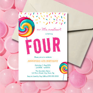 Cute Sweet Lollipop Candy 4th Birthday Invitation