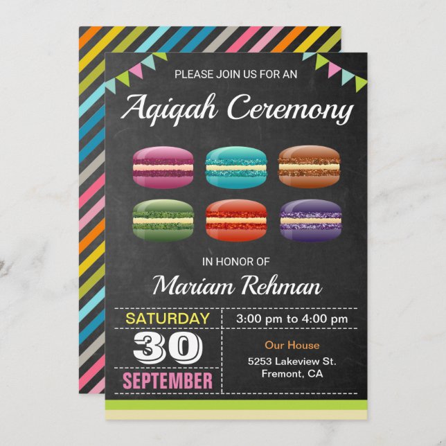 Cute Sweet Macarons Aqeeqah | Aqiqah Ceremony Invitation (Front/Back)
