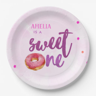 Cute Sweet one doughnut girl 1st birthday Paper Plate