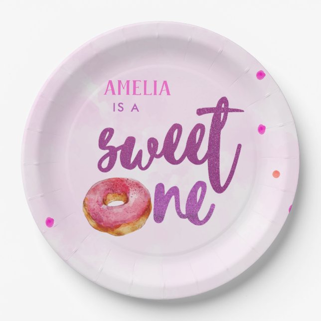 Cute Sweet one doughnut girl 1st birthday Paper Plate (Front)