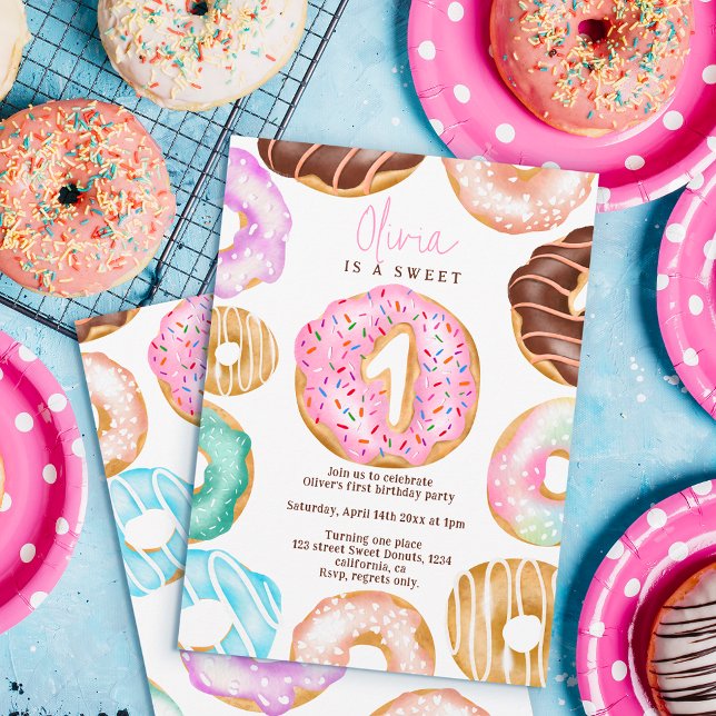  Cute Sweet One watercolor doughnuts 1st birthday Invitation (Creator Uploaded)
