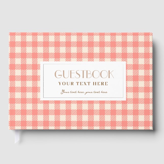 Cute sweet peach pink gingham plaid checked party guest book (Front)