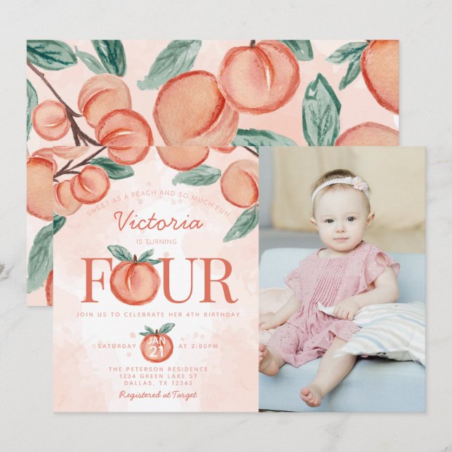 Cute Sweet Peach turning FOUR 4th Birthday Party Invitation (Front/Back)